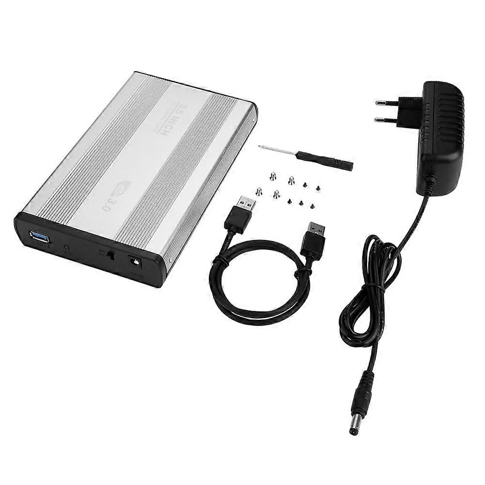 3.5 inch Hard Disk Drive External HDD Enclosure Case USB 3.0 SATA HDD Box 100-240V (EU Silver)