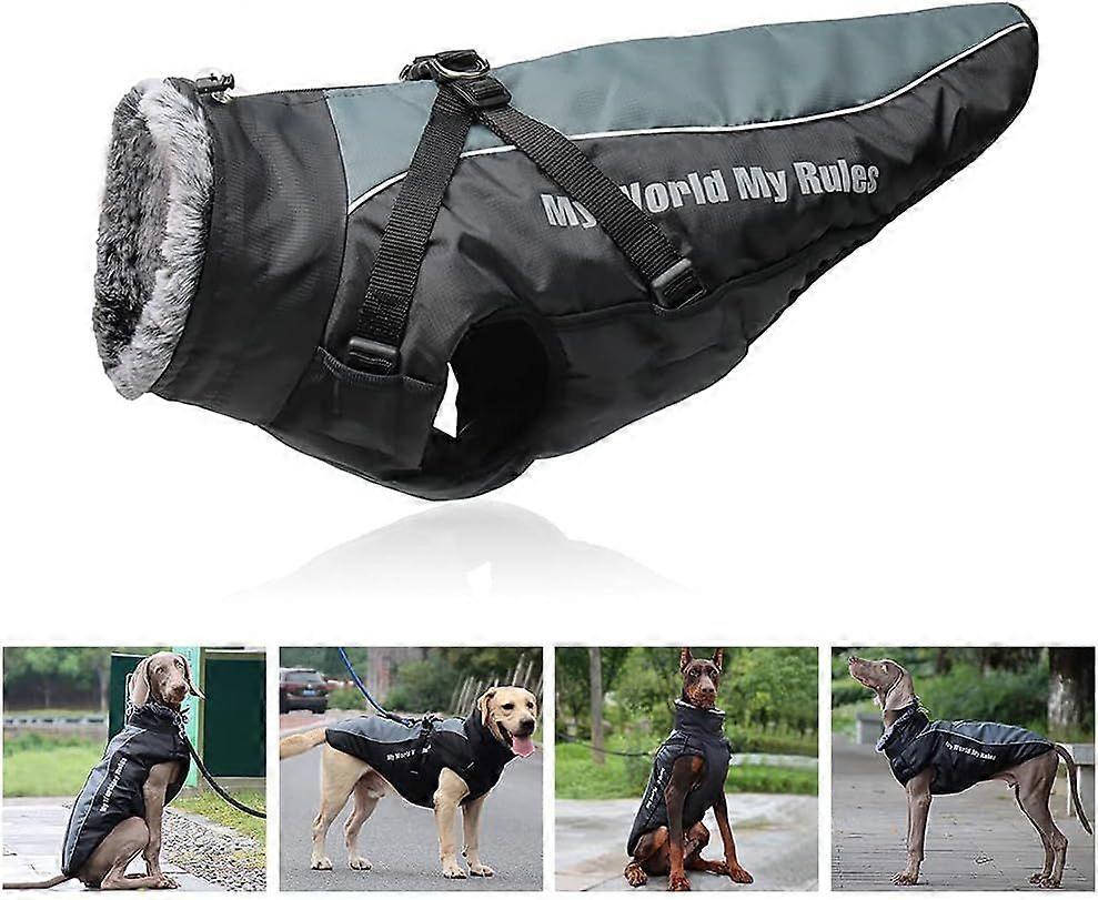 Reversible Reflective Plush Dog Coat with Detachable Harness and Choke-Free Fold-Over Fur Collar, Comfortable Clothes-4XL