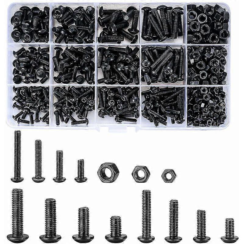 500 Pieces M3/M4/M5 Hex Socket Screws, Button Screws with Hex Head Nut Assortment Kit - Black