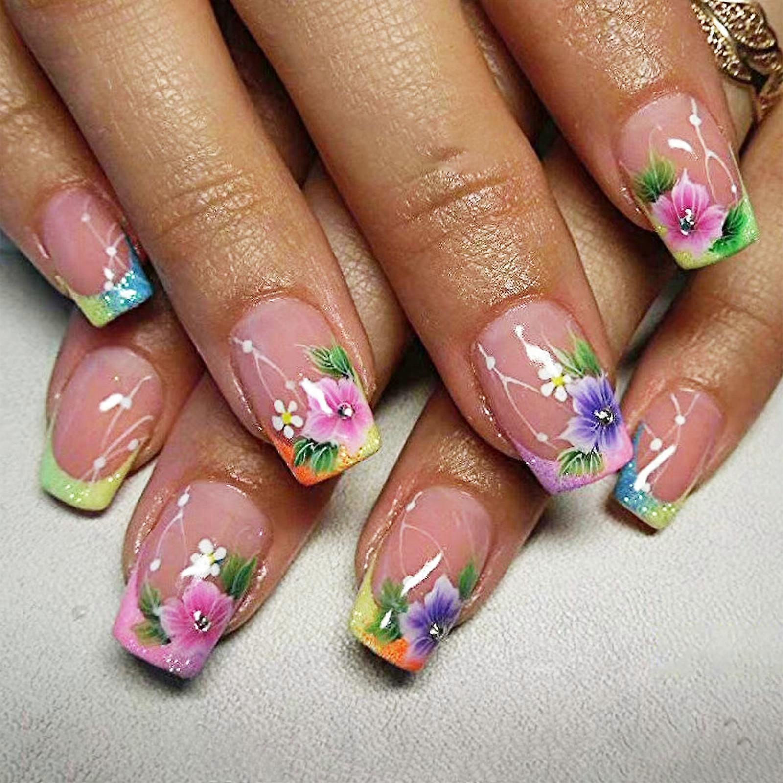 24Pcs Cuadrado Uñas Falsas Prensa En Uñas Uñas Artificiales Pegamentos De Uñas Falsas En Uñas Con Diseños De Flores Puntas De Uñas Francesas