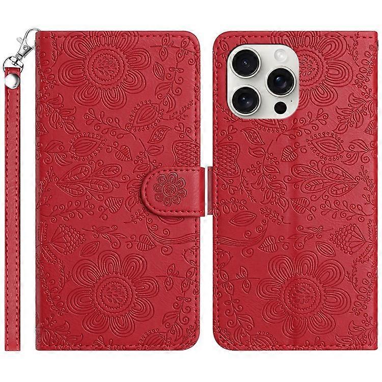 Compatible For iPhone 13 Pro Case Flower Imprint Leather Flip Wallet Phone Cover with Wrist Strap