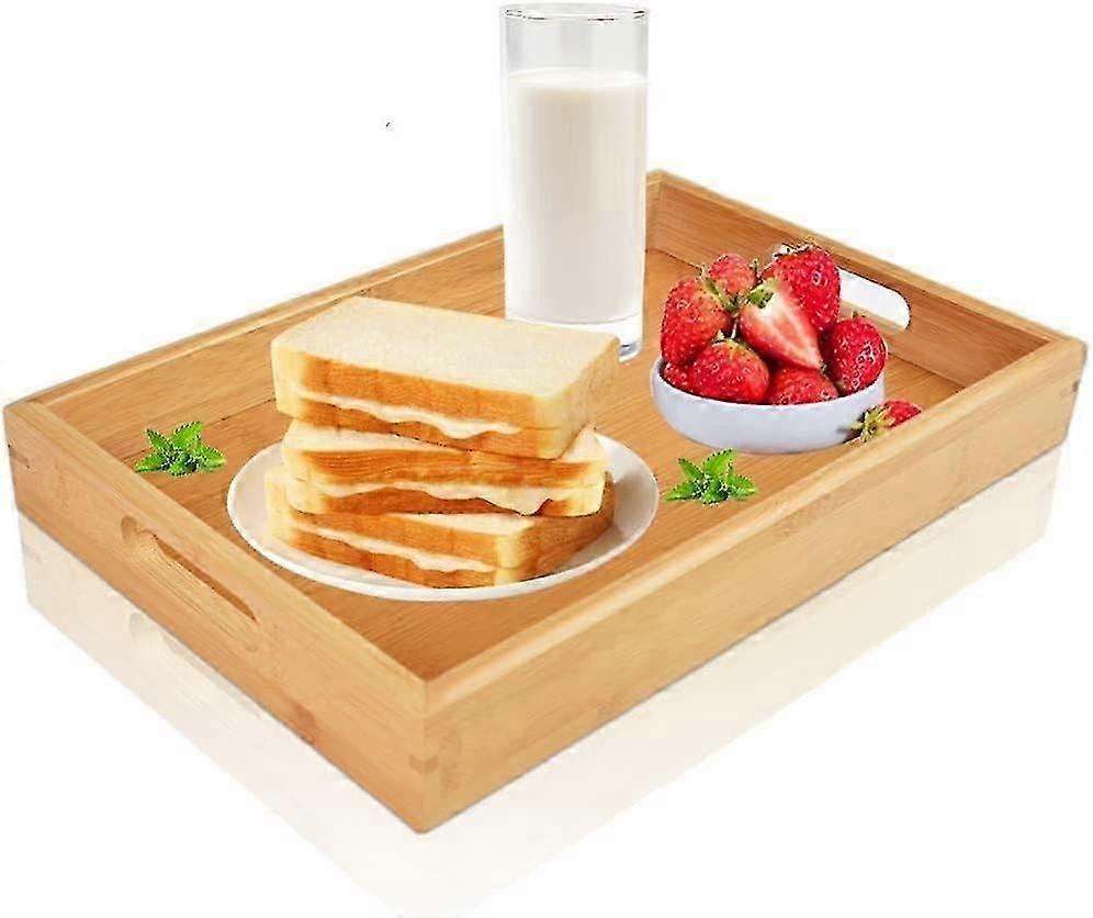 Bamboo Serving Tray and Wooden Tray with Handles, 30 * 20cm Rectangular Serving Plates for Kitchen, Ideal Breakfast Tray for Various Brands