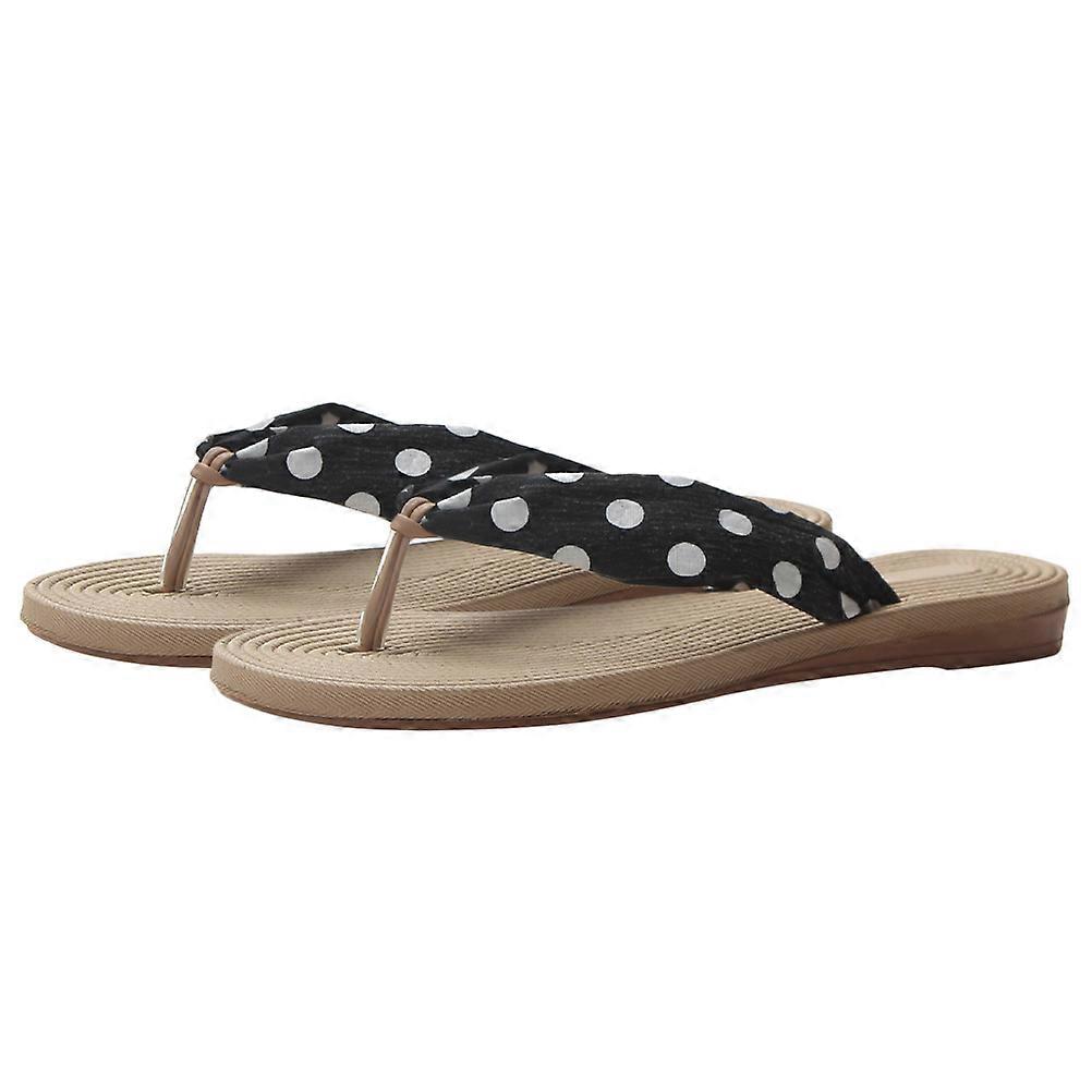 Bohemia Style Kvinnor Tofflor Platt botten Flip-Flops Gummi Material Svart Lämplig för strandresor 1Par