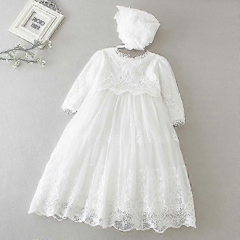 プリンセスガール長袖レース刺繍チュールドレス、レースハット付き、女の子の洗礼と洗礼式