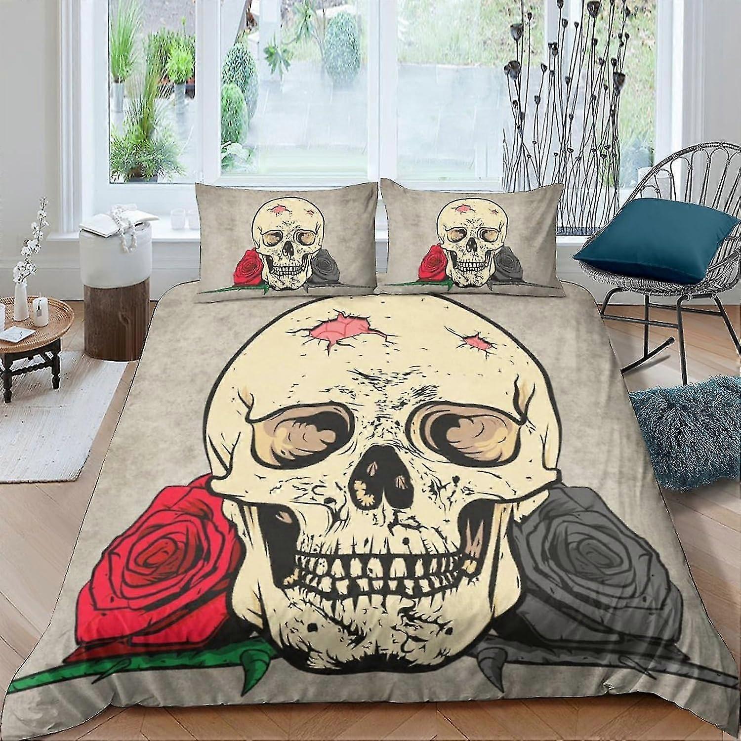 Skull Bedding Duvet Cover Set Microfibre Comforter Cover 3D Print Quilt Cover with 3 Piece Pillowcases for Children, Adults with Zipper Clos