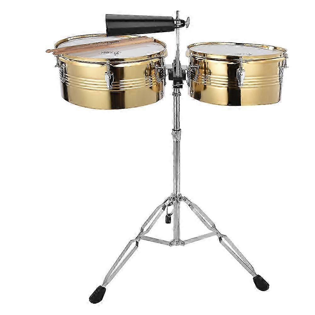1Pc Big Timbale Drum 1pc Small Timbale Drum With Cowbell Bracket Musical Instrument(golden)