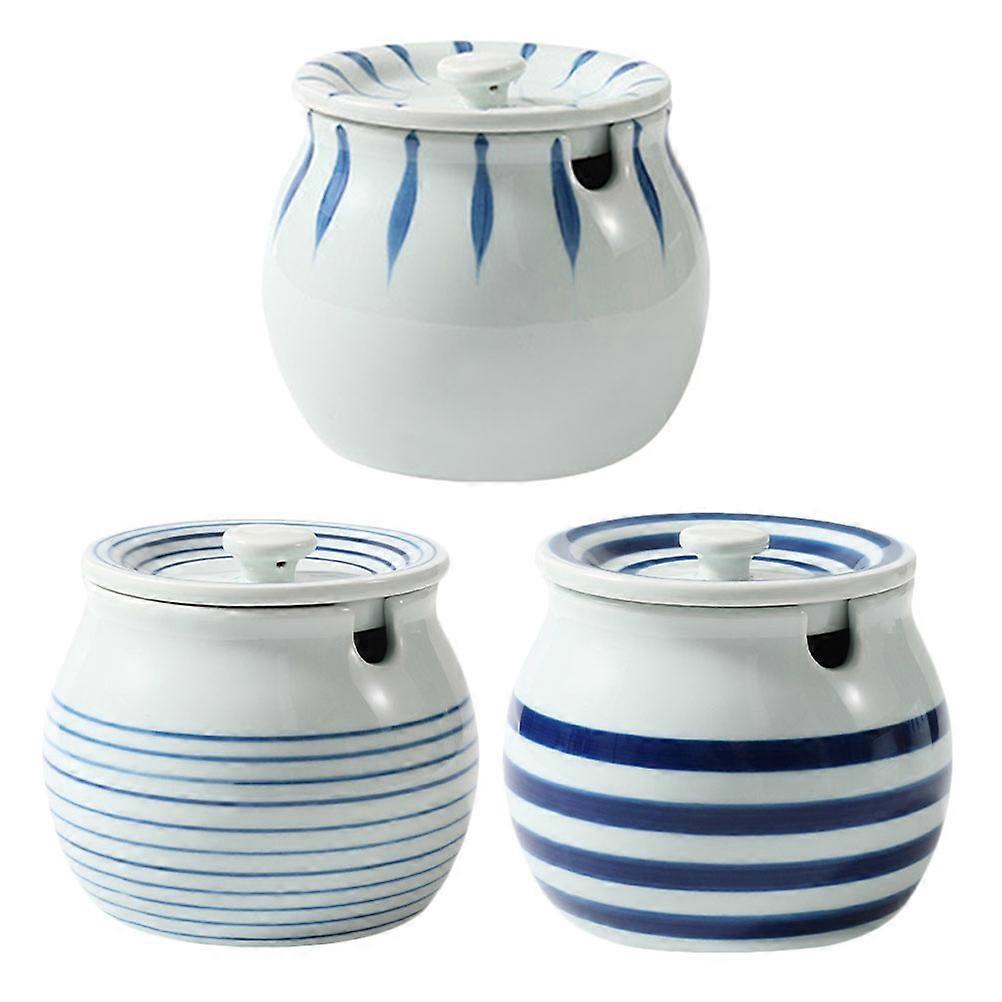 Japanese Ceramic Canister Set with Spoon Decorative Condiment Jars for Spices, Snacks, and Food Storage 3 Piece Set for Home or Restaurant Use