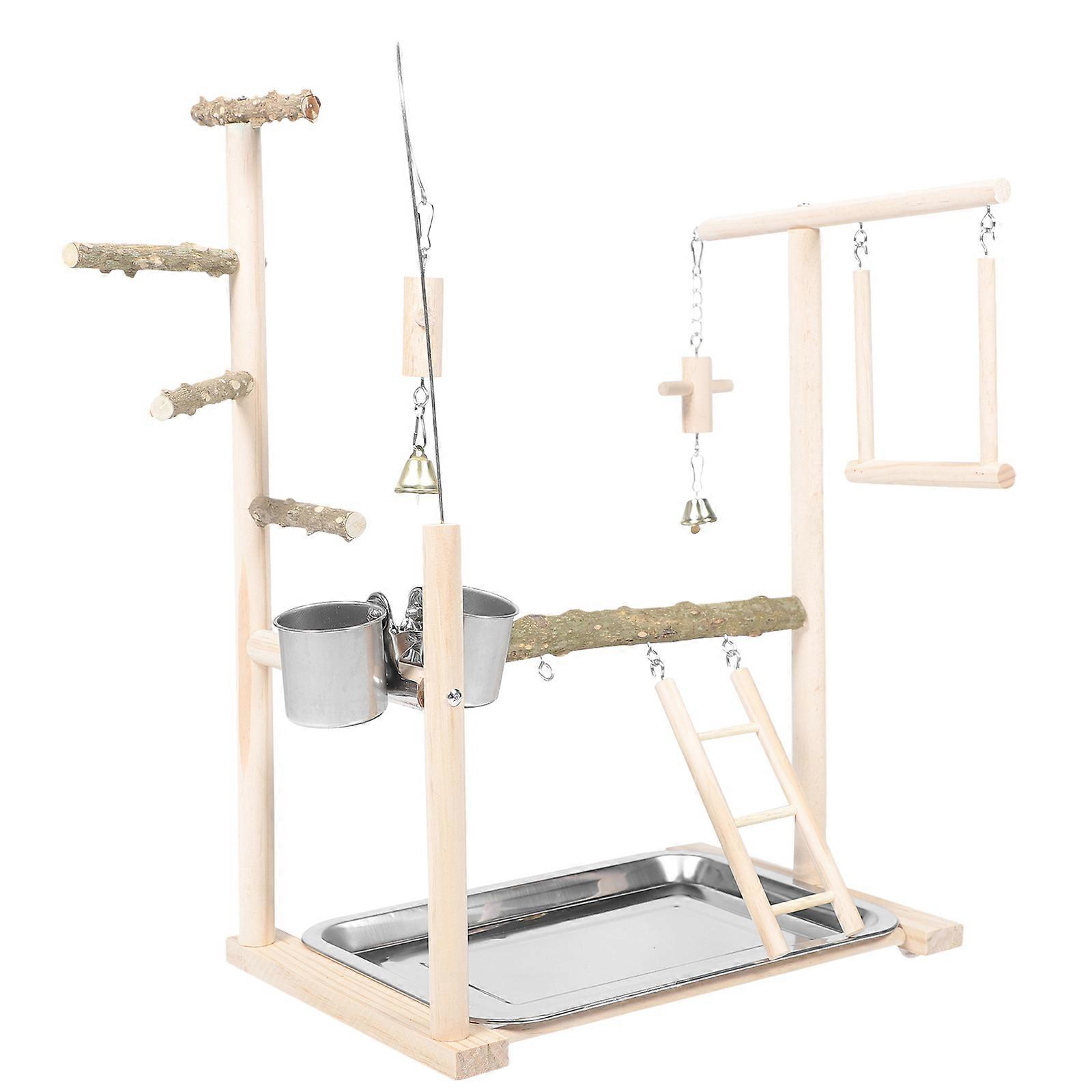 Bird Perch Stand Toys Parrot Cage Toy Home Use Beige Color Wooden Material Entertainment 1Set