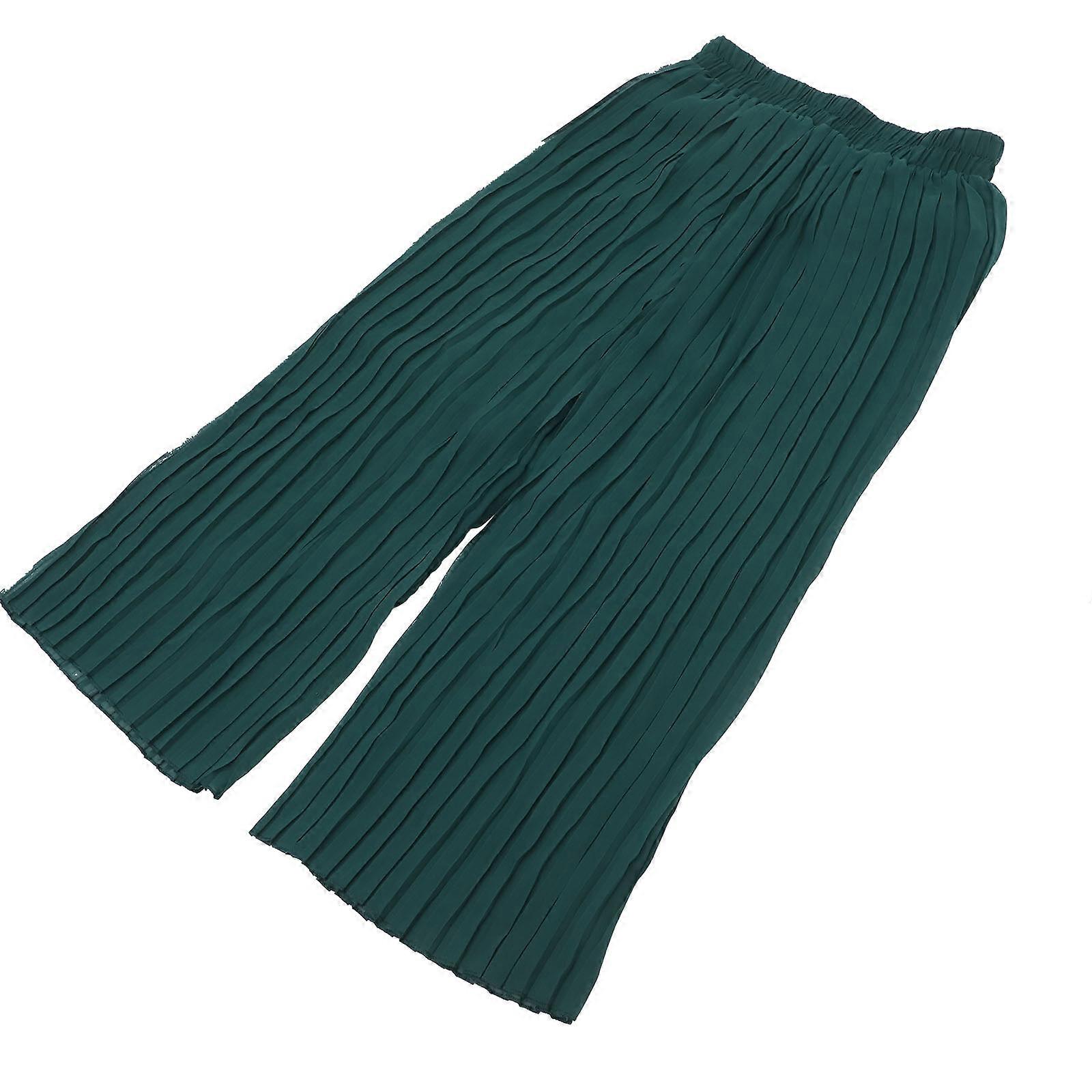 Green Chiffon Wide Pants for Women with Elastic Waist and Loose Fit Perfect for Summer Wear Size L