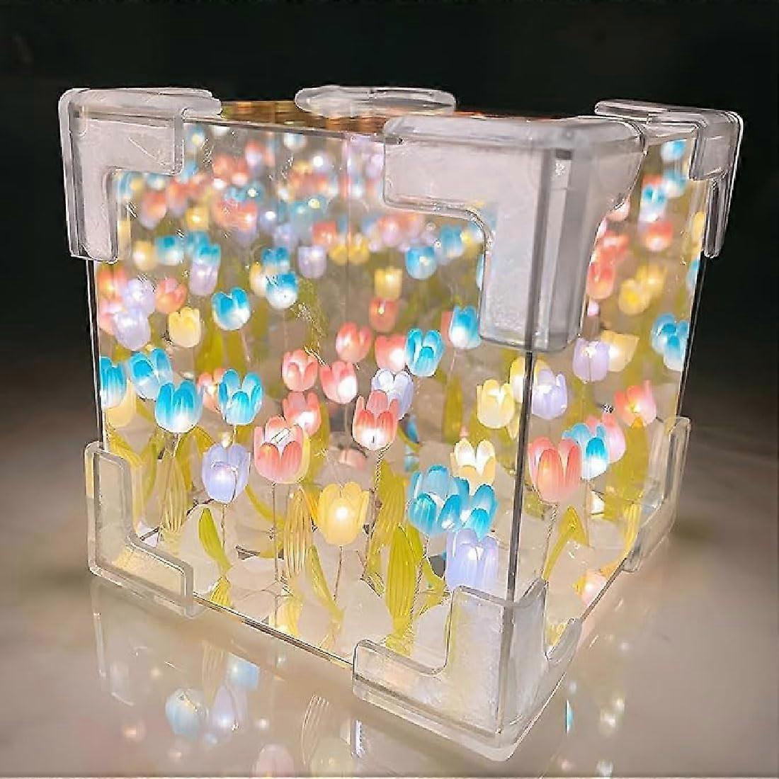 Blossom Box DIY Tulips Cube Mirror Lamp Tulip Night Light LED Tulip Light Handmade Tabletop Lamp For Bedroom Decor Colour