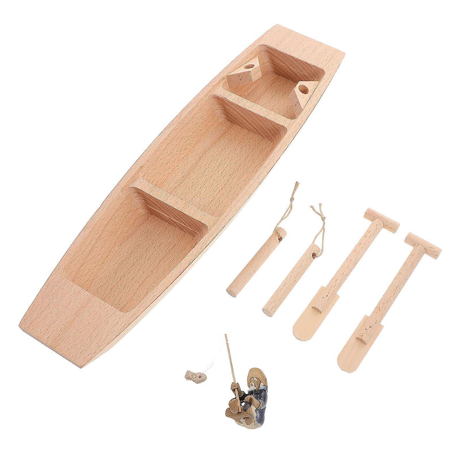 Miniature Wooden Boat Model with Old Man Figurine – Rustic Home Decor for Nautical Themes, Lightweight & Sturdy Unfinished Wood Craft for Desk Display