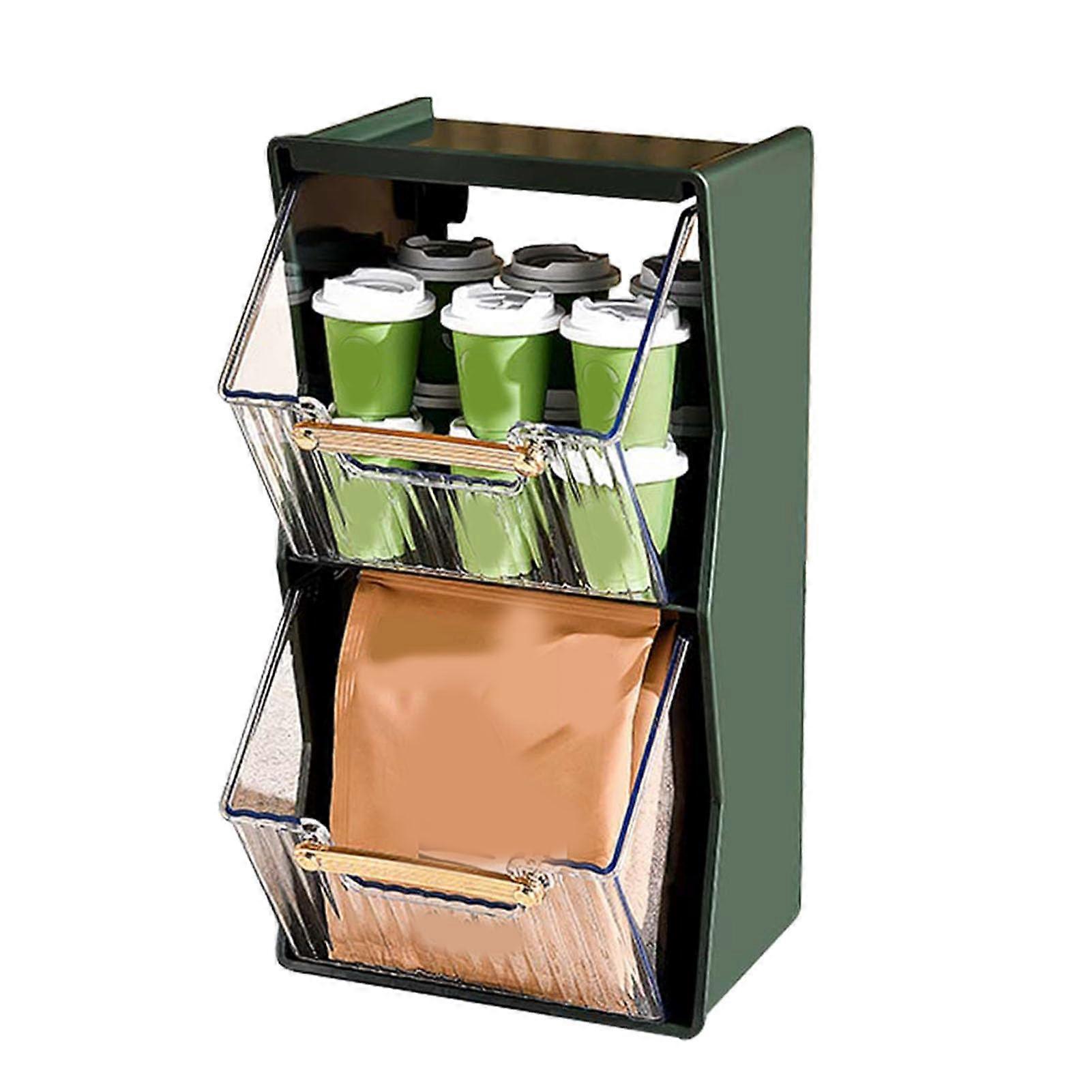 Tee Bag Organizer Removable Drawer Dustproof 2 Layers SpaceSaving Tea Bag Holder for Cabinet Countertop (Dark Green)