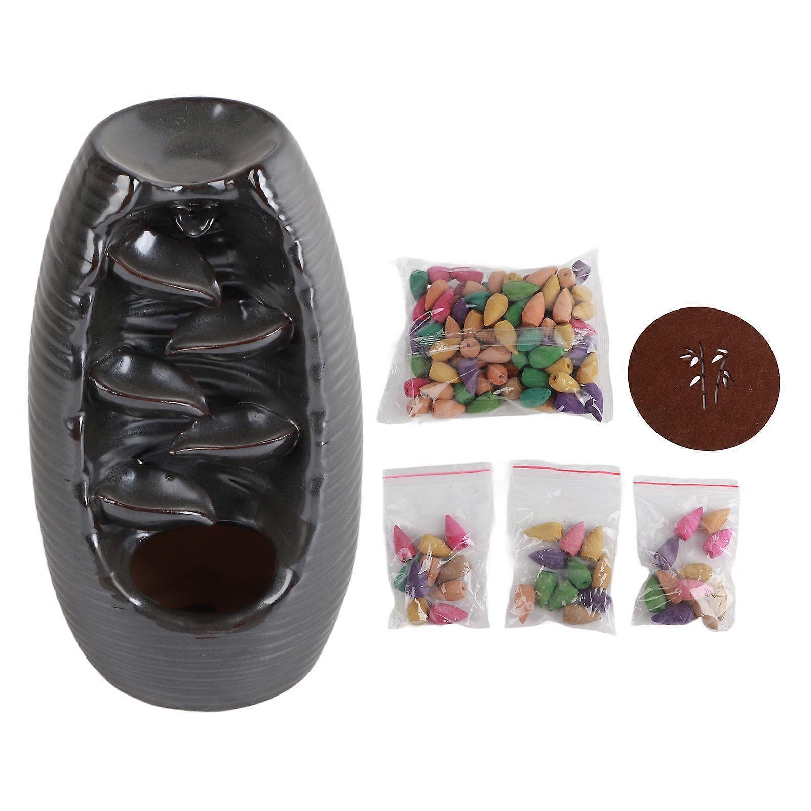 20cm Rustic Ceramic Backflow Incense Burner with 130 Cones and Non-Slip Base