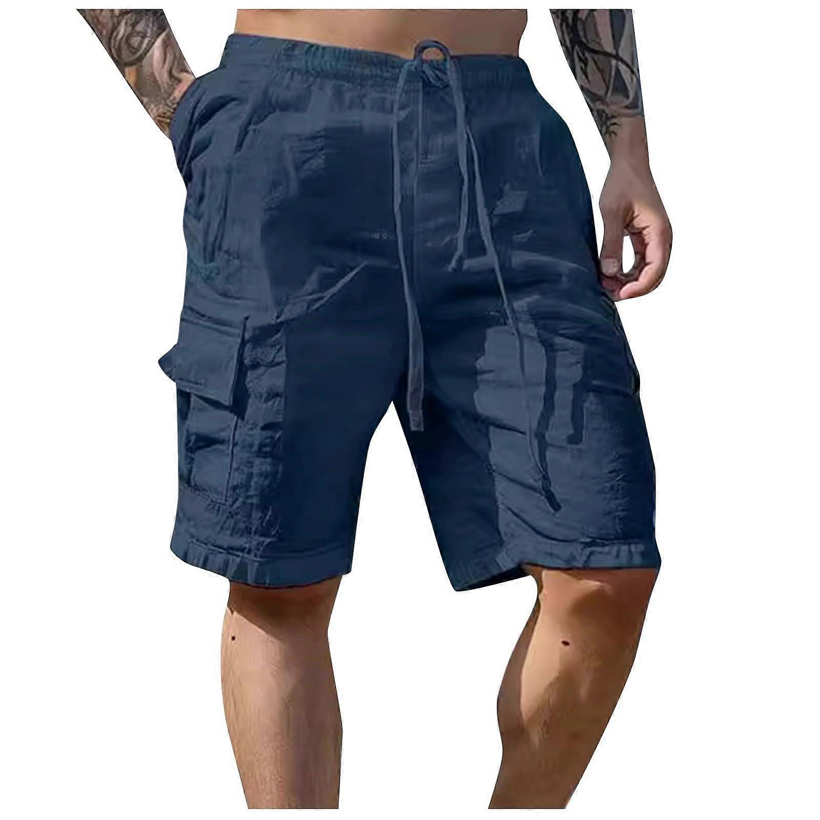 Men's Summer Linen Shorts Lightweight Men's Shorts Elastic Waist Beach Shorts Linen Trousers with Elastic and Pockets for Men Sports Shorts Navy M