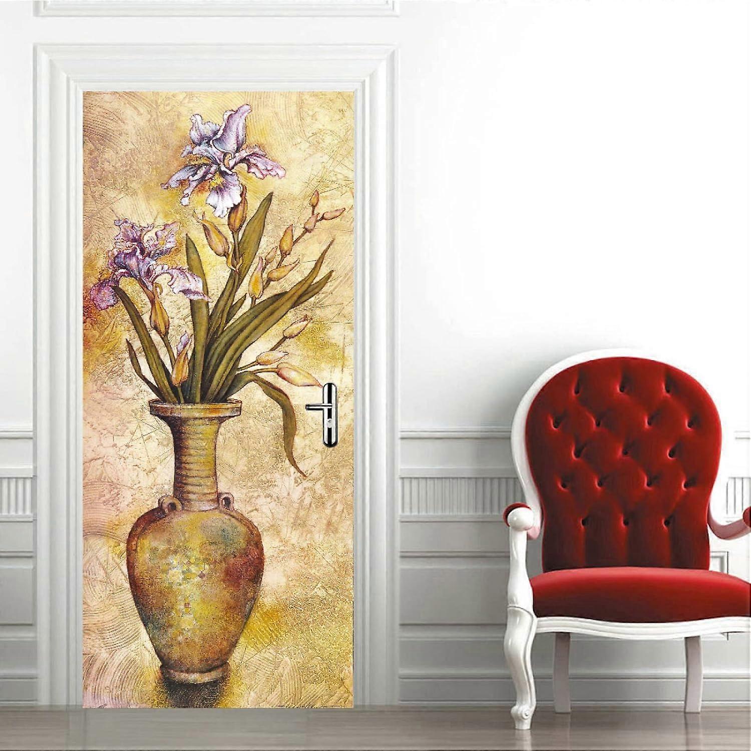 3D Door Mural Stickers Peel and Stick Vase Plants and Flowers 88 X 200 Cm