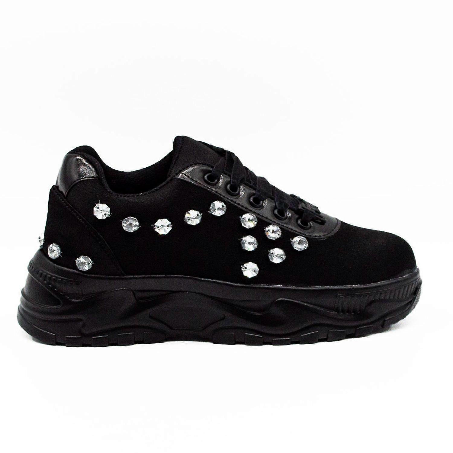 Adeline luxury noir satin handmade embellished trainers