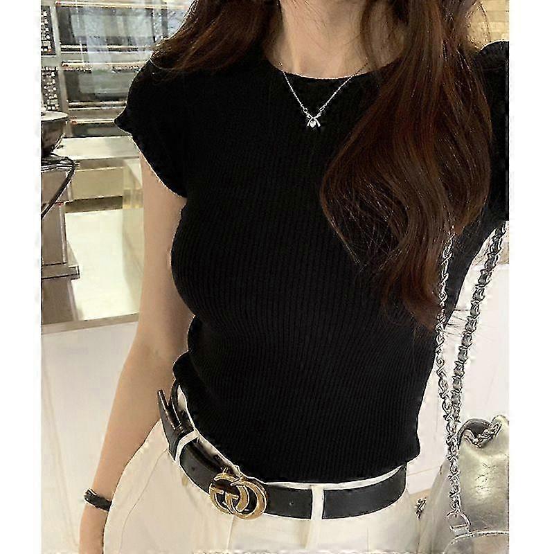 Real Photo Round Neck Solid Color Slim Elastic Knitted Short-Sleeve...