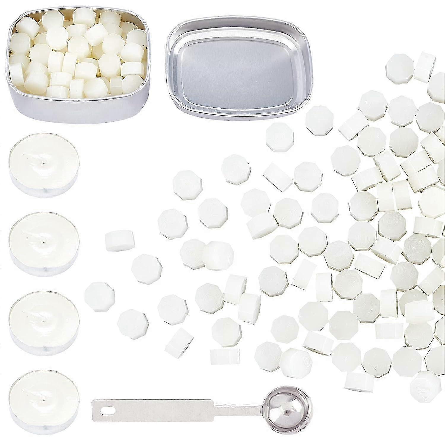 2025 White Sealing Wax Beads Set Wax Seal Beads Kit Packed in Can with 4PCS Tealight Candles and Melting Spoon for Wax Seal Stamp Envelope Cards Invit