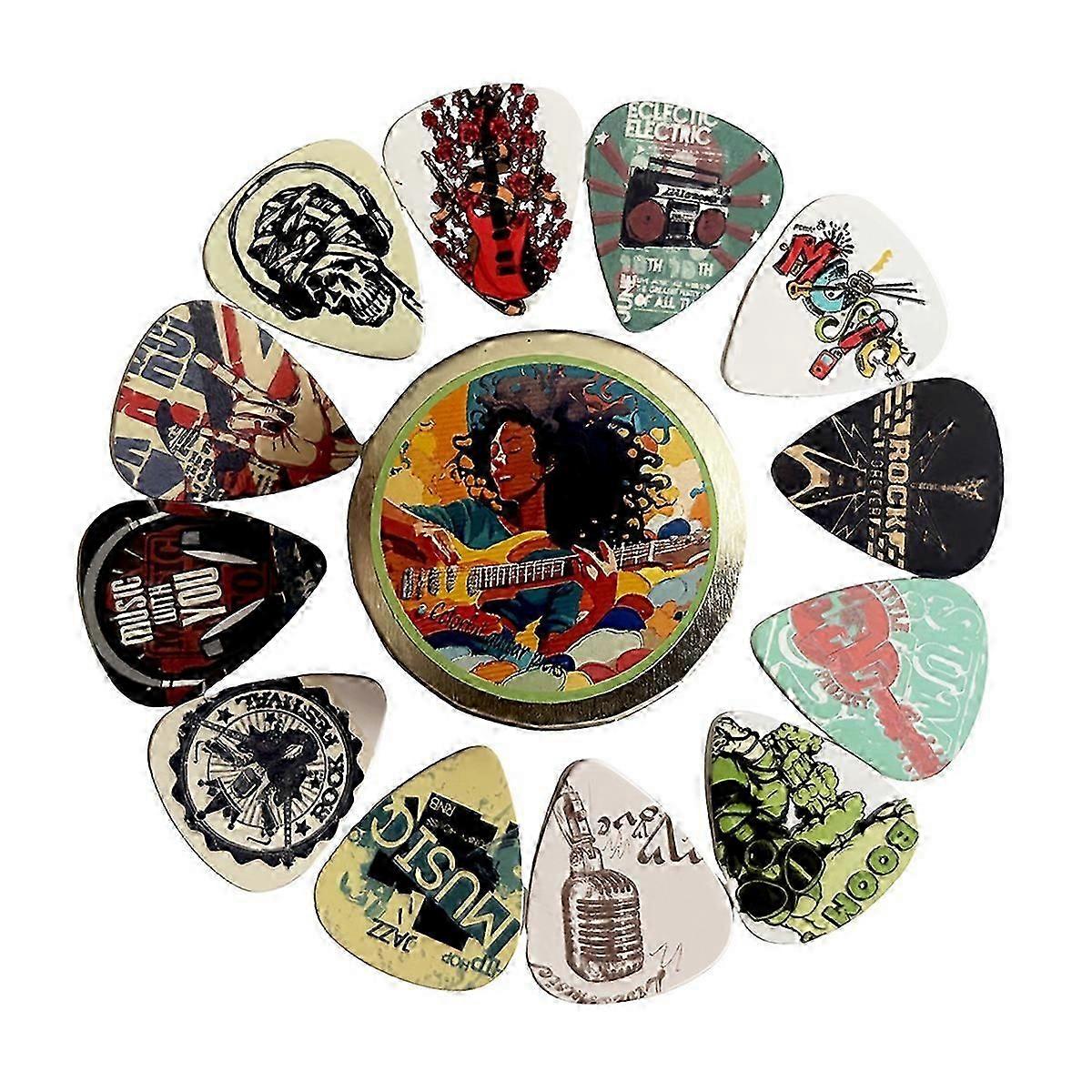 12PCS ABS Guitar Picks with Metal Box - Colorful Printed Plectrums for Electric/Bass, Guitar Access