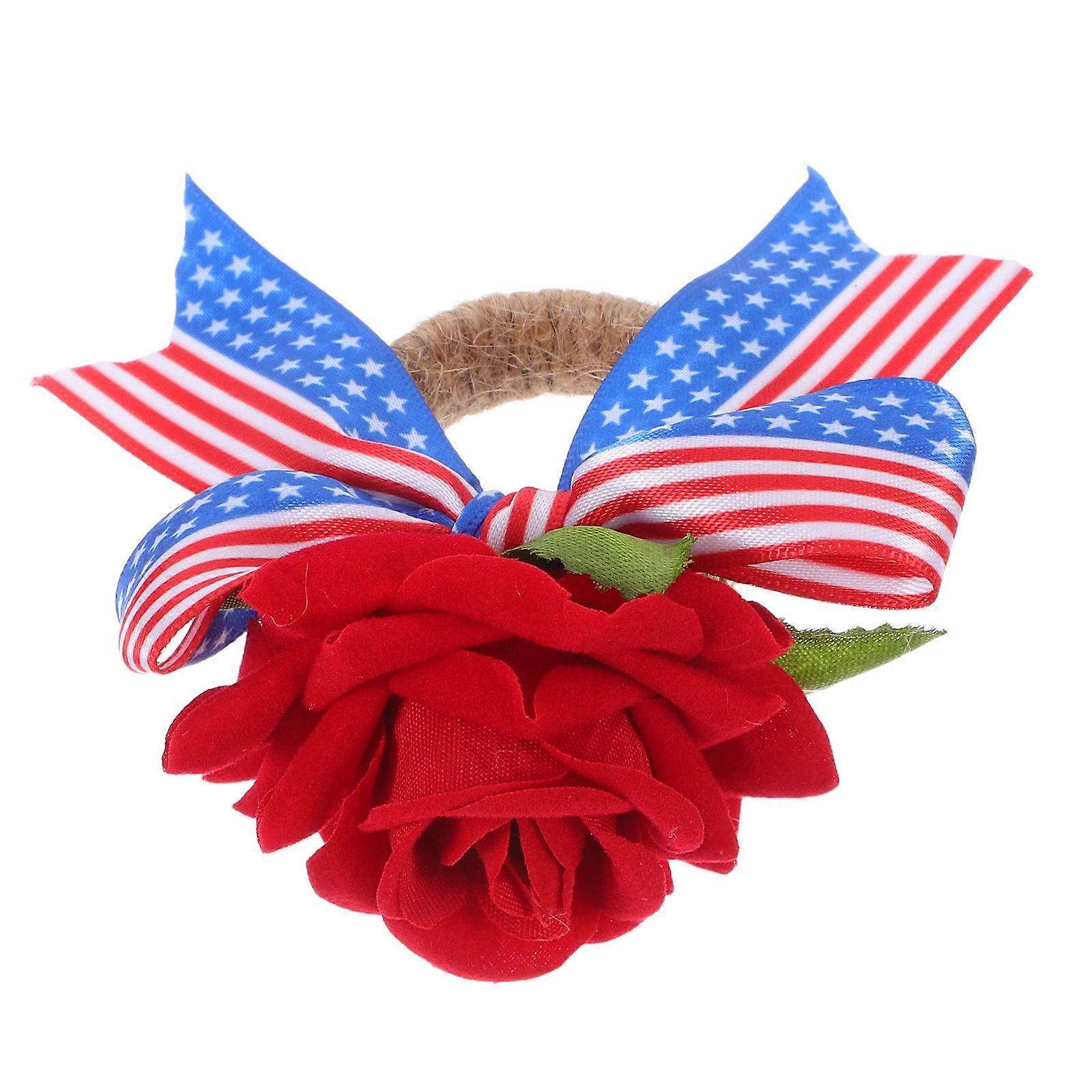 Red Napkin Ring Holder with Artificial Rose for Party 3Pcs Set