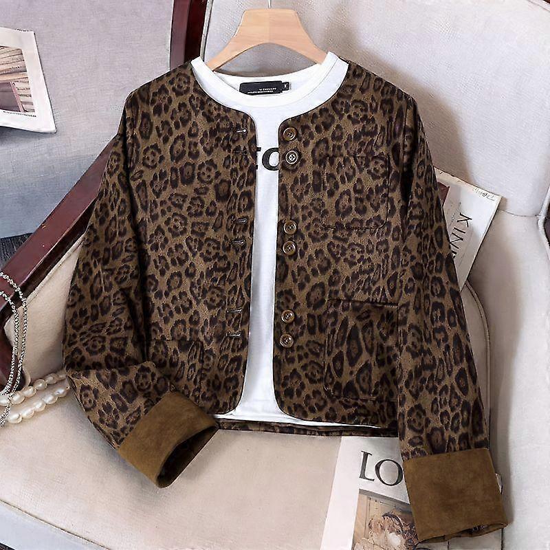 Leopard Print Short Jacket Women's Spring and Autumn Coat Leopard Print  Spliced Outerwear