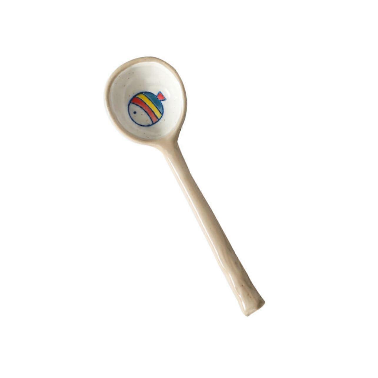 Ceramic Rice Spoon with Ergonomic Long Handle and HandPainted Cartoon Pattern for Soup and Dessert