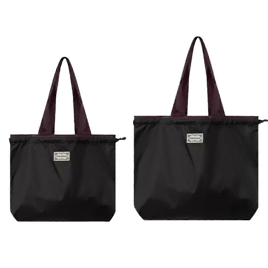 2 Pack Foldable Reusable Tote Bags with Handles, Grocery Shopping Storage Drawstring Set, Black