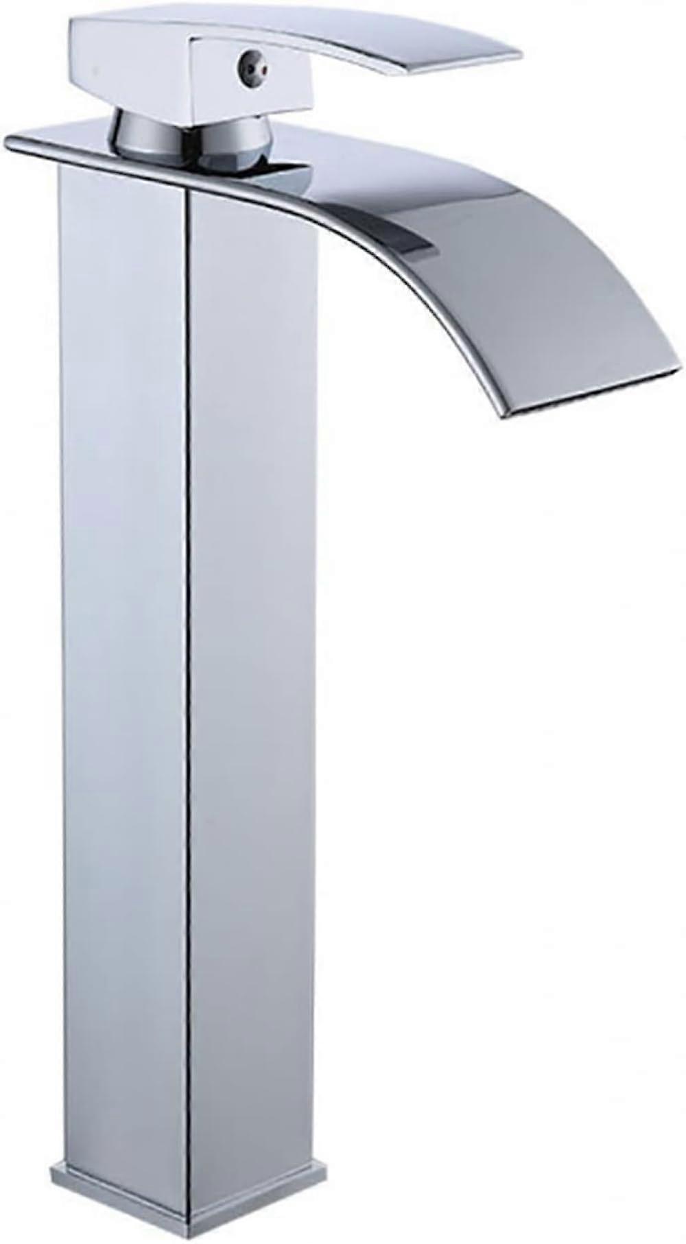 Tall Bathroom Faucet with Flat Spout Waterfall Design for Vessel Sink, Single Hole Mixer in Gold or Silver