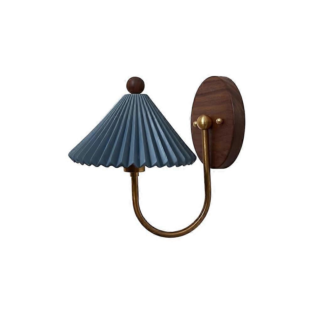Modern Nordic Minimalist Wall Sconce with Elegant Pleated Ceramic Shade and Solid Walnut Brass Arm, Blue