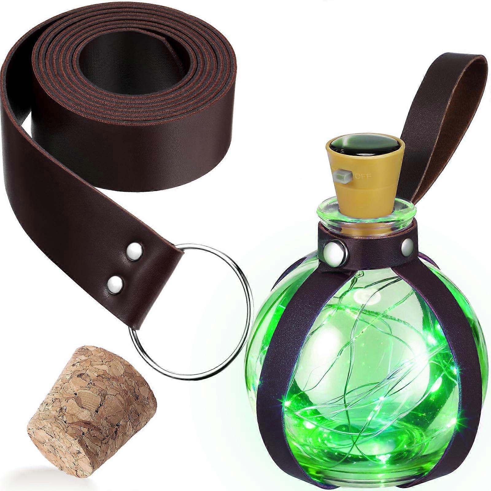 Solar Powered LED Glass Potion Bottle with Medieval Leather Belt and Removable Cork Stopper