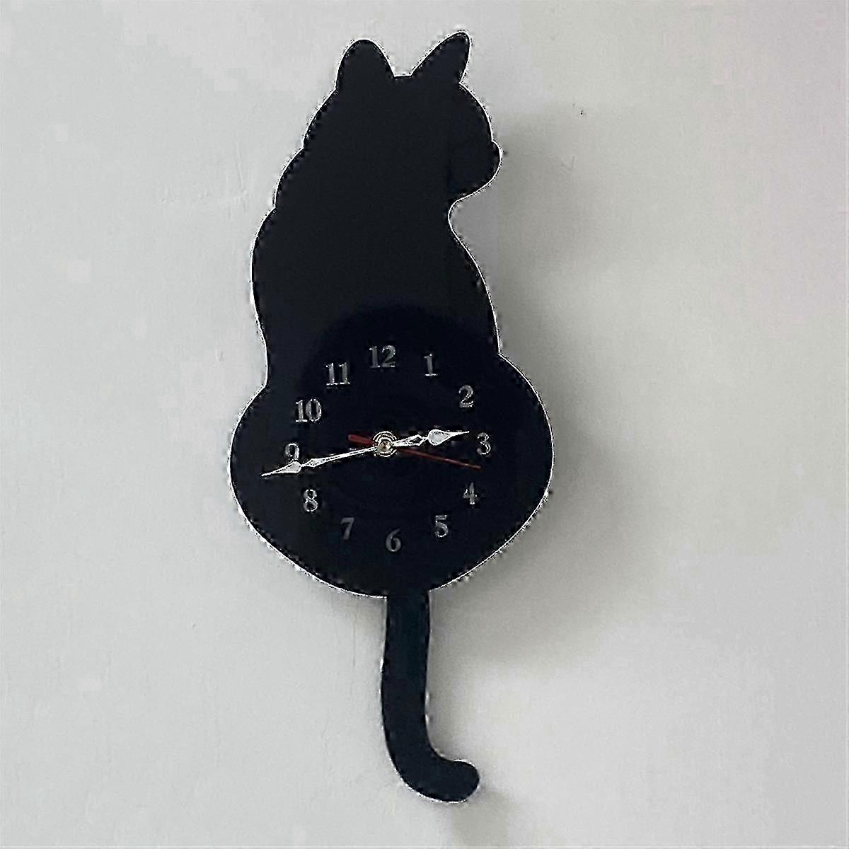 Black Cat Wall Clock with Pendulum compatible with Nursery, Swinging Tail Cat Clock