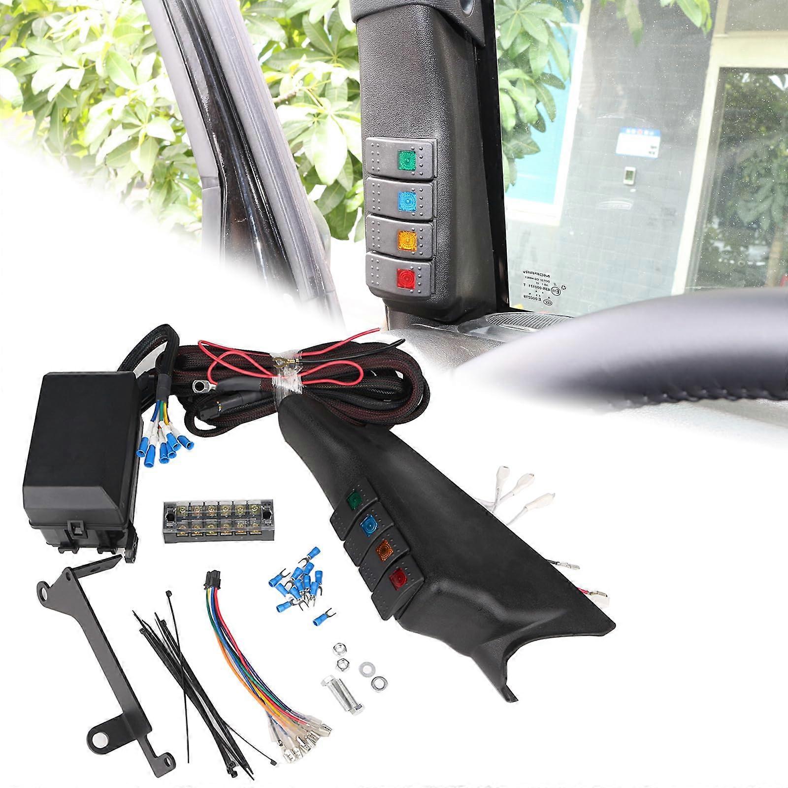 A Pillar Rocker Switch Panel Kit with Relay Box, 4 Gang 12V Light Control for Jeep Wrangler JK