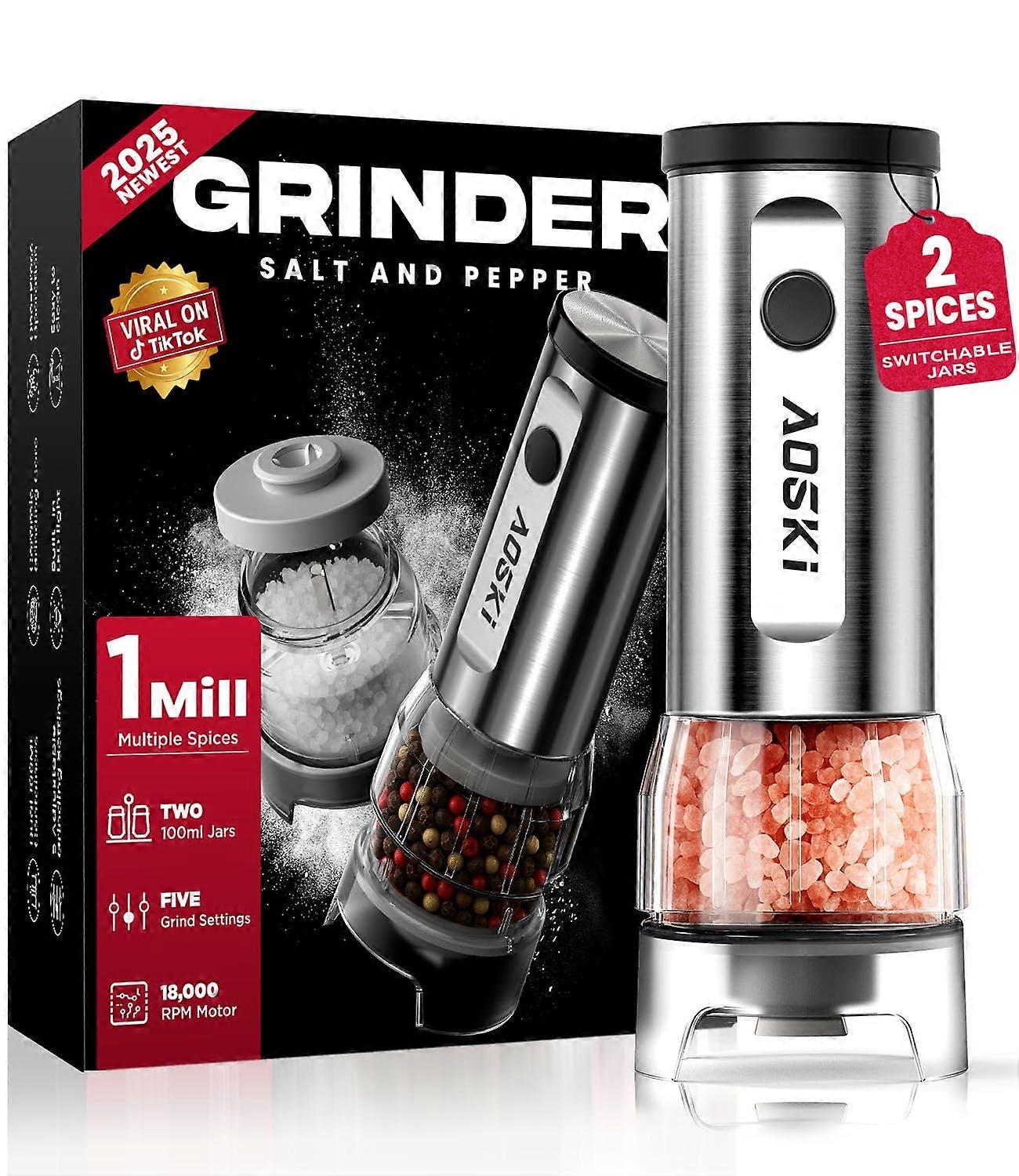 Electric Salt and Pepper Grinder Set with Replaceable Jars, Adjustable Ceramic Core, LED Light