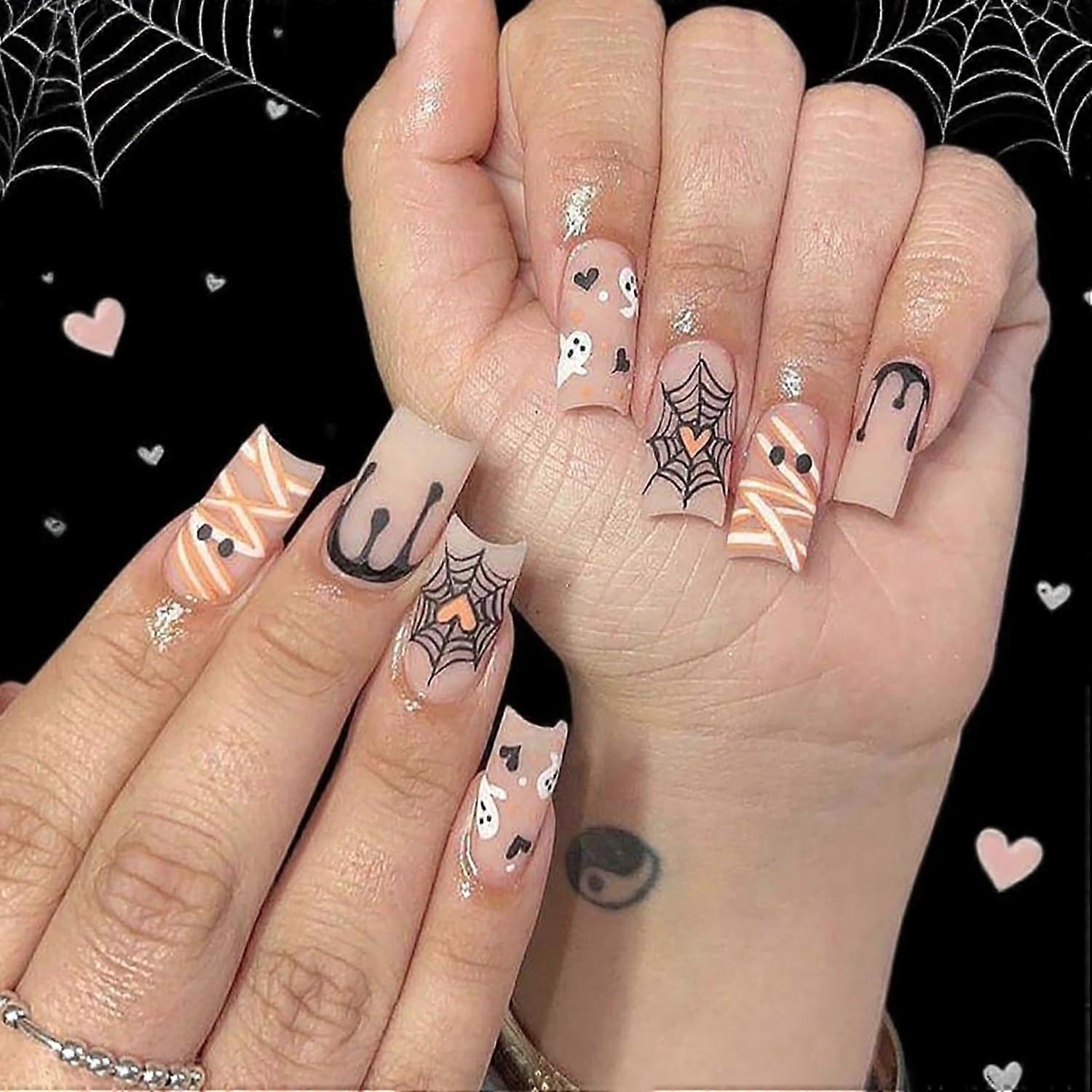 Halloween Press On Nails with Ghost, Spider Web and Mummy Design, Matte Square Acrylic False Nails