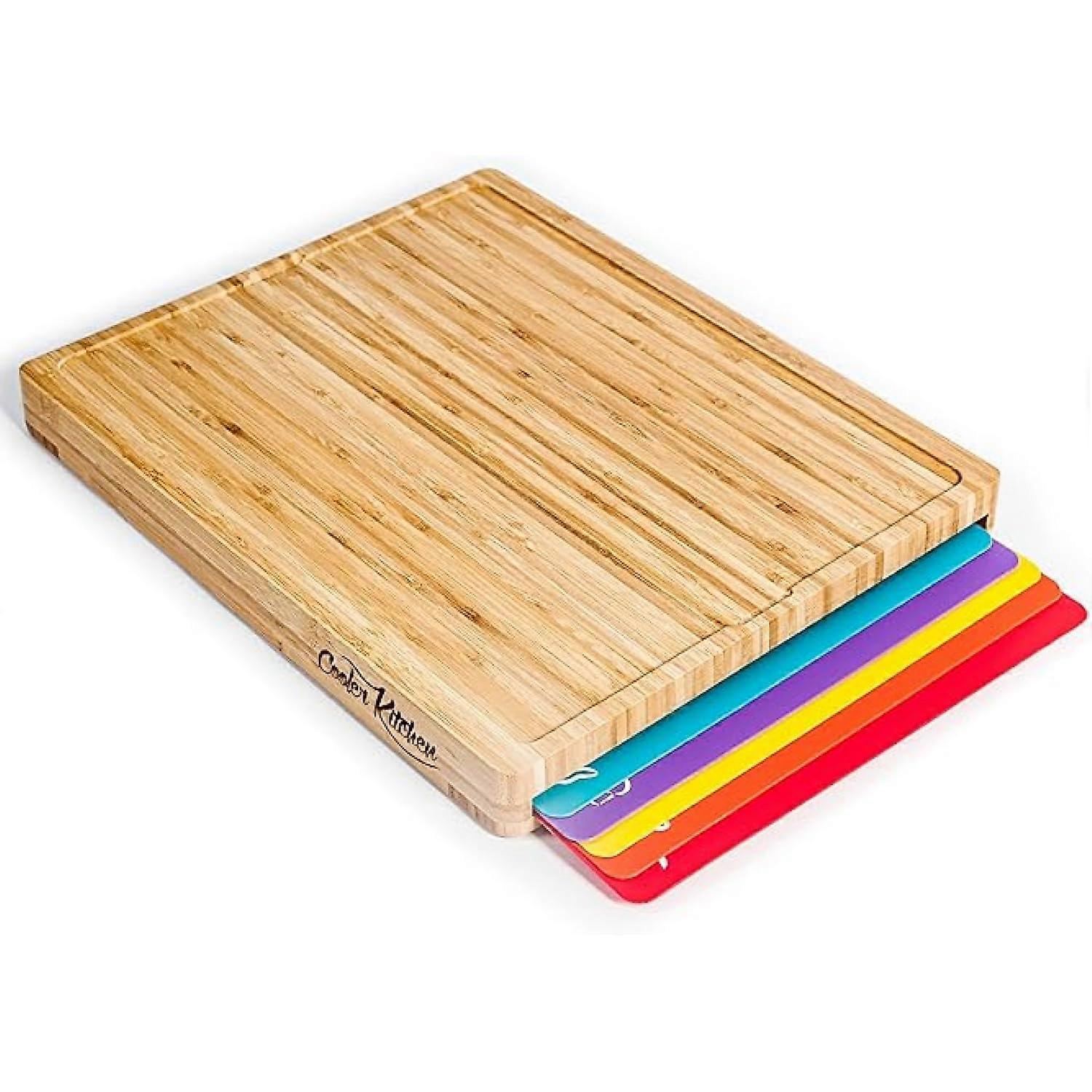 Bamboo Cutting Board Set with 6 Color Coded Flexible Mats, Large 17x12 Kitchen Chopping Board