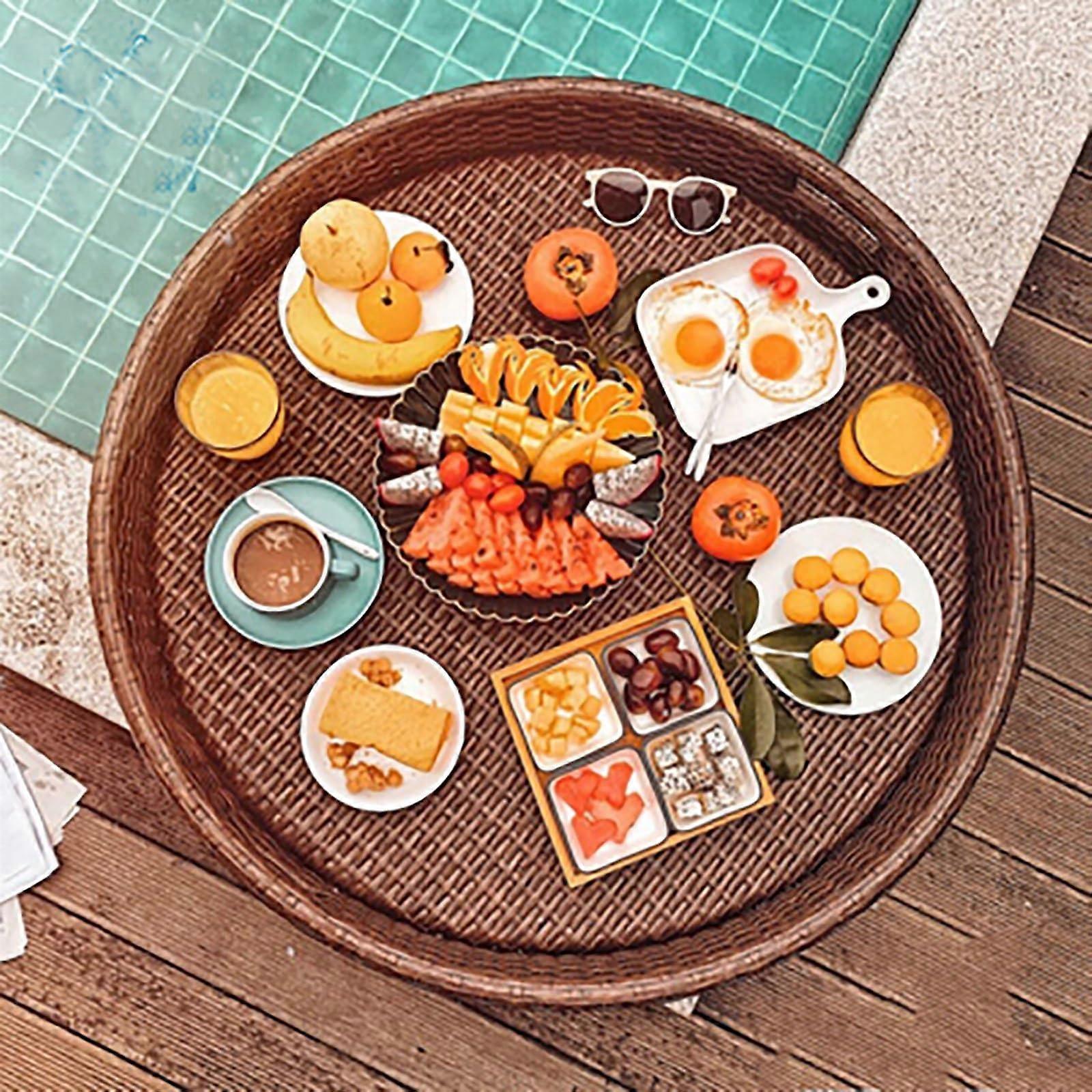 Floating Pool Tray Round Rattan Serving Table for Drinks and Snacks Large Capacity Coffee Color