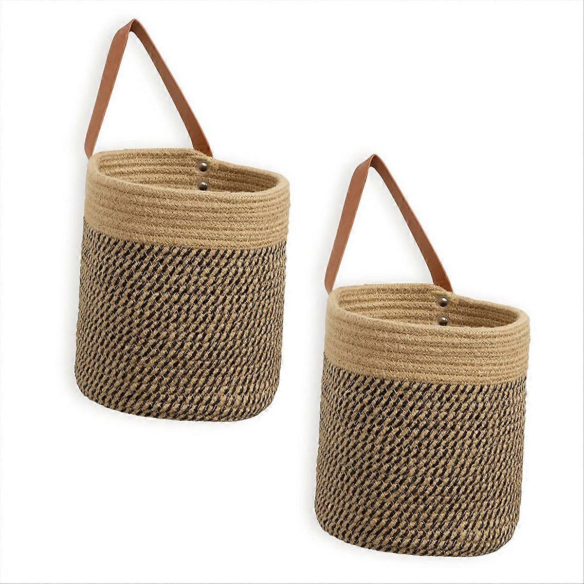Wall Hanging Storage Baskets 2 Pack Woven with Sturdy Leather