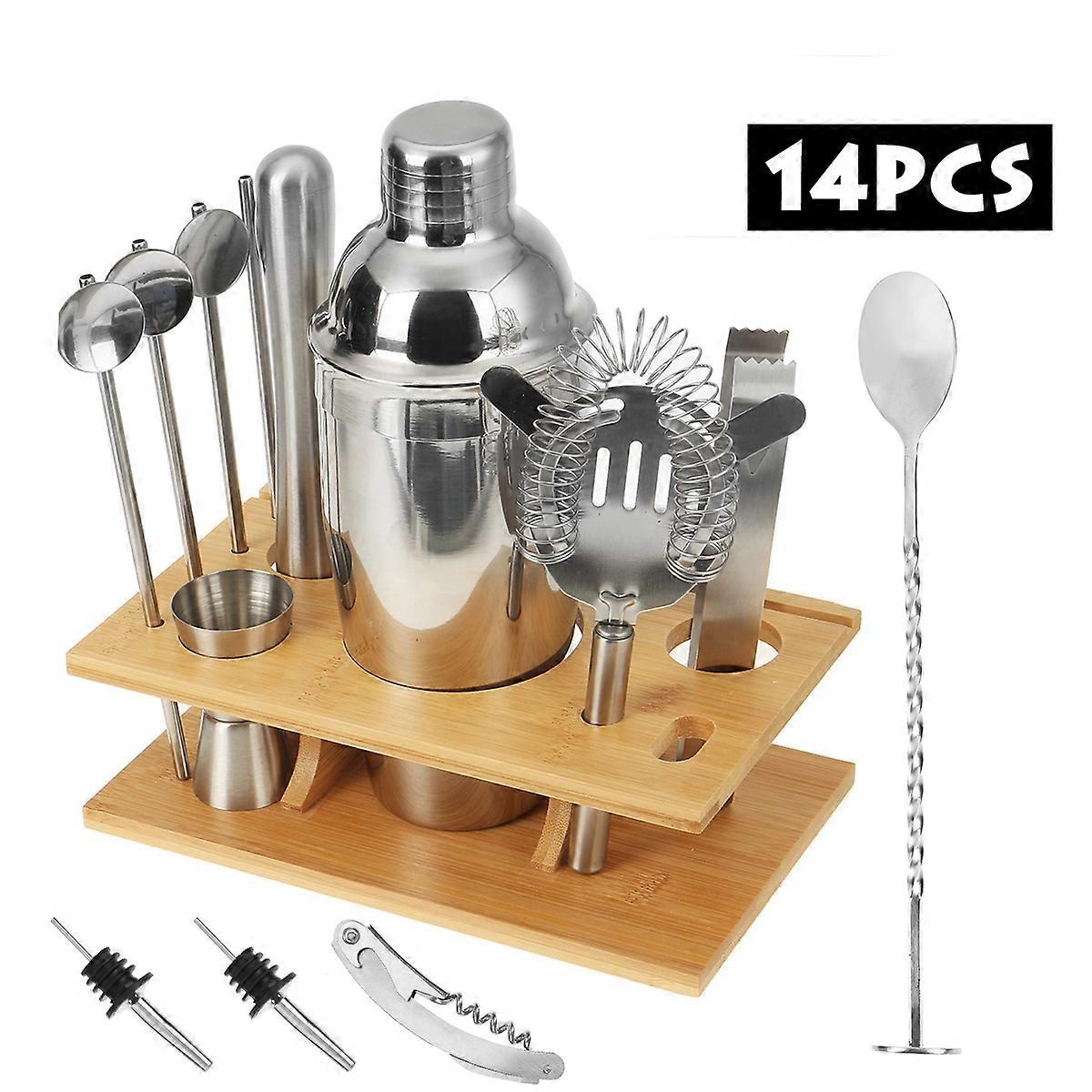 Bamboo-Stand Cocktail Shaker Set Stainless Steel Barware Home Bar Kit