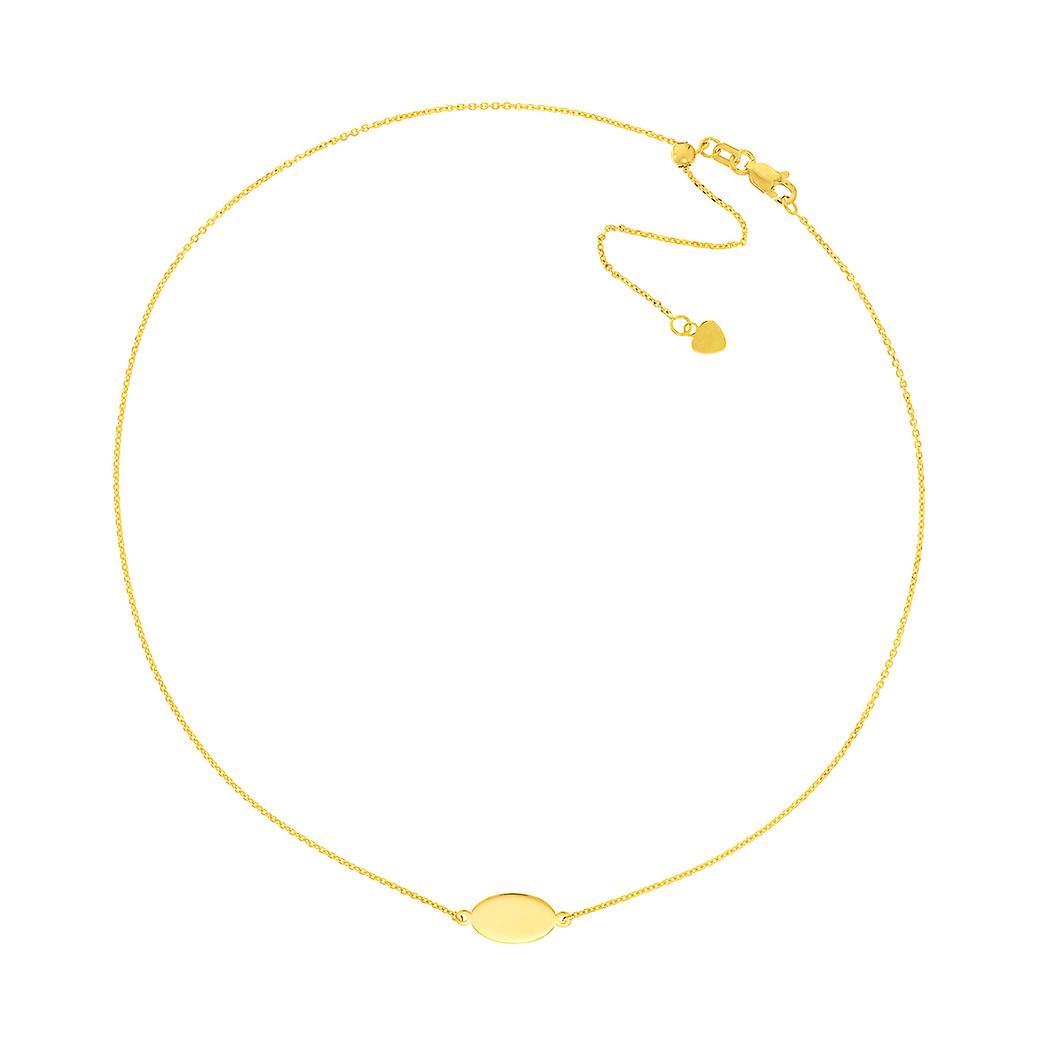 Gargantilha ajustável de 40 cm (16 polegadas) com mini placa oval gravável em ouro amarelo 14k para mulheres.
