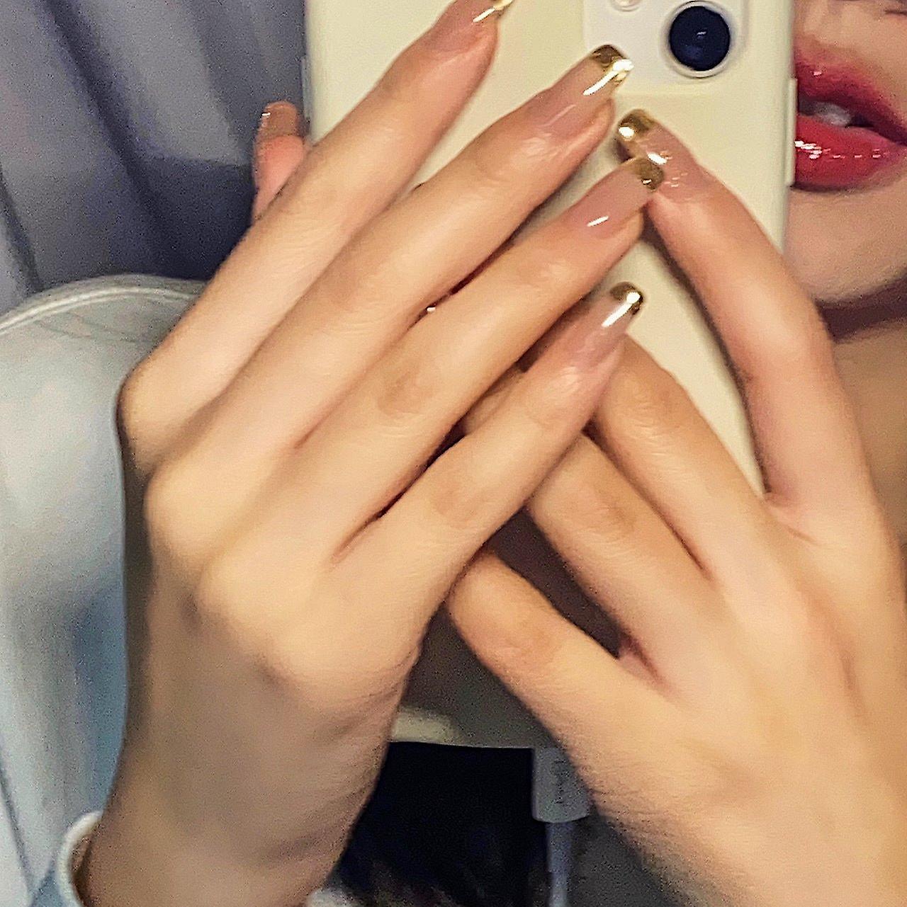 False Nail Tips Fake Artificial Art DIY Finger Cover Golden Edge Long Nude Gentle Finished Waterproo