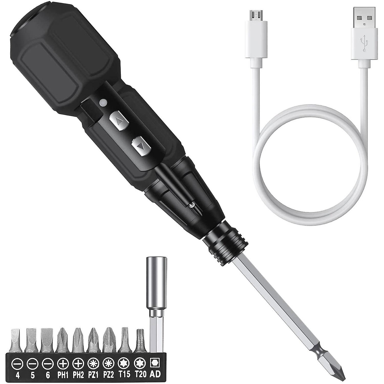 Compact Cordless Electric Screwdriver Kit with LED Light, USB Charger & 9 Bits