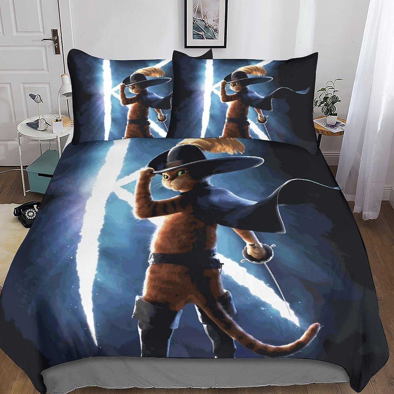 Puss in Boots Duvet Cover Set 3D Printed Bedding Anime Quilt Cover Set 3 Pieces Soft Microfiber with Zipper Closure for Teens And Adults Comforter Cov