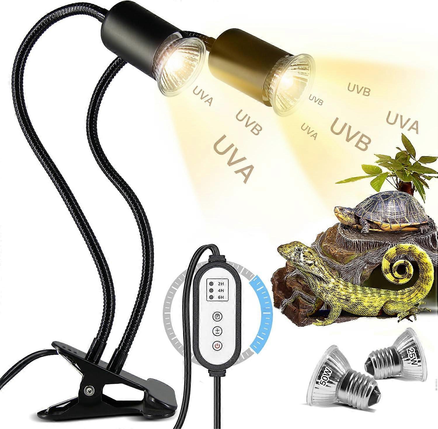 bella lampada di calore tartaruga a doppia testa, 25W + 50W rettili tartaruga lampada E27 UVA + UVB lampada tartaruga con 2 lampadine spot crogiolarsi e timer per rettili (nero)
