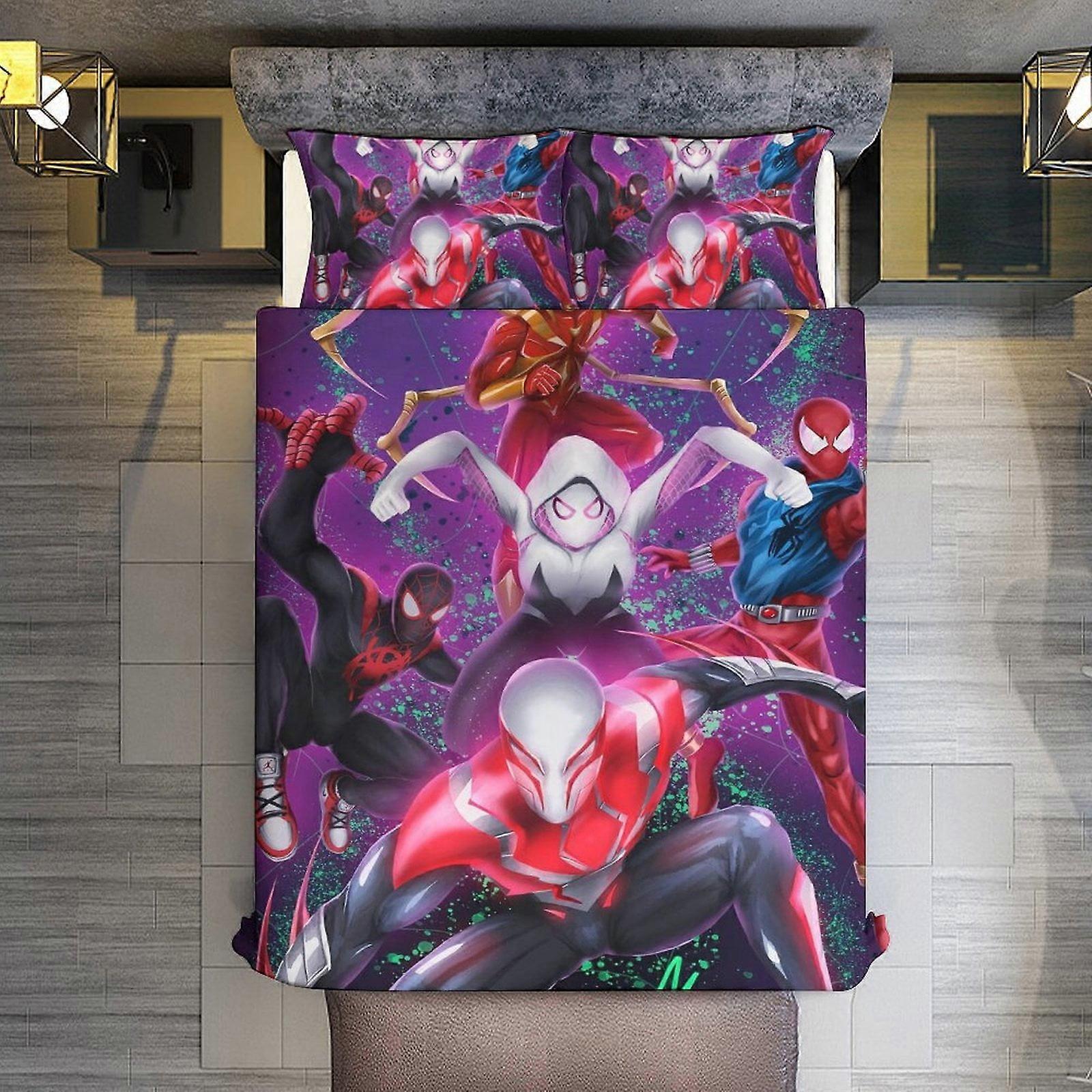 v3101 침대 시트 침구 3피스 세트, 스파이더맨 멀티버스 이불 세트 (어린이, 소년, 청소년, 남성용) 3D 경량 마이크로파이버 침구 세트 (1개)