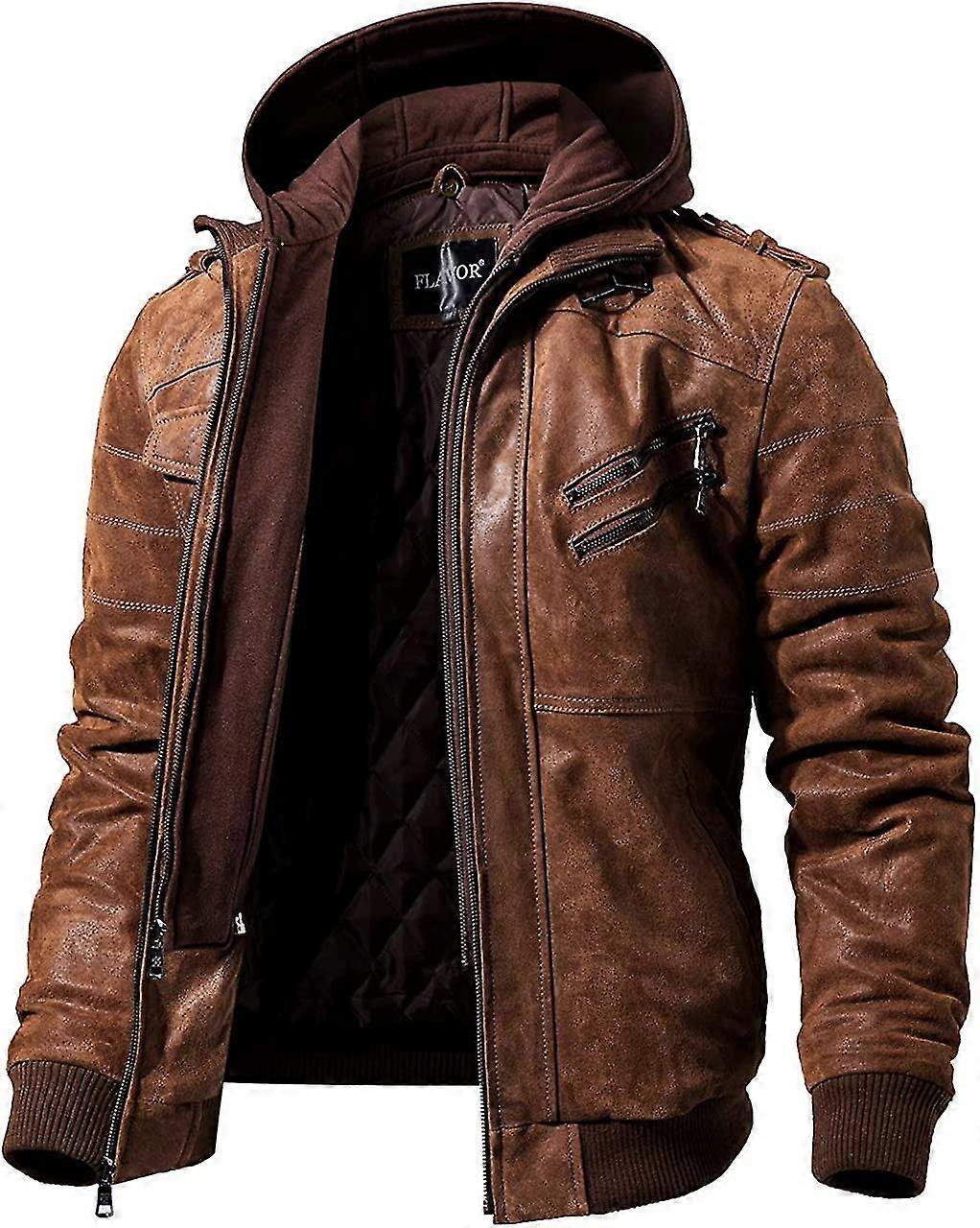 Men Brown Leather Motorcycle Jacket With Removable Hood