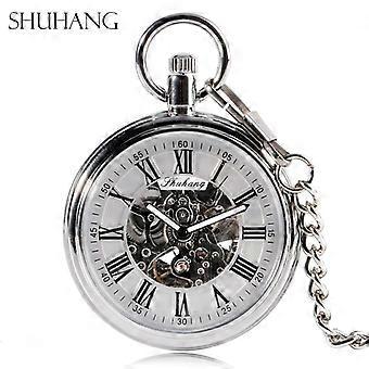 SHUHANG Nieuw Mechanisch Horloge 2017 Heren Automatisch Zelfopwindend Zakhorloge Zilver Eenvoudige Open Face Chain Hanger met Romeins Nummer
