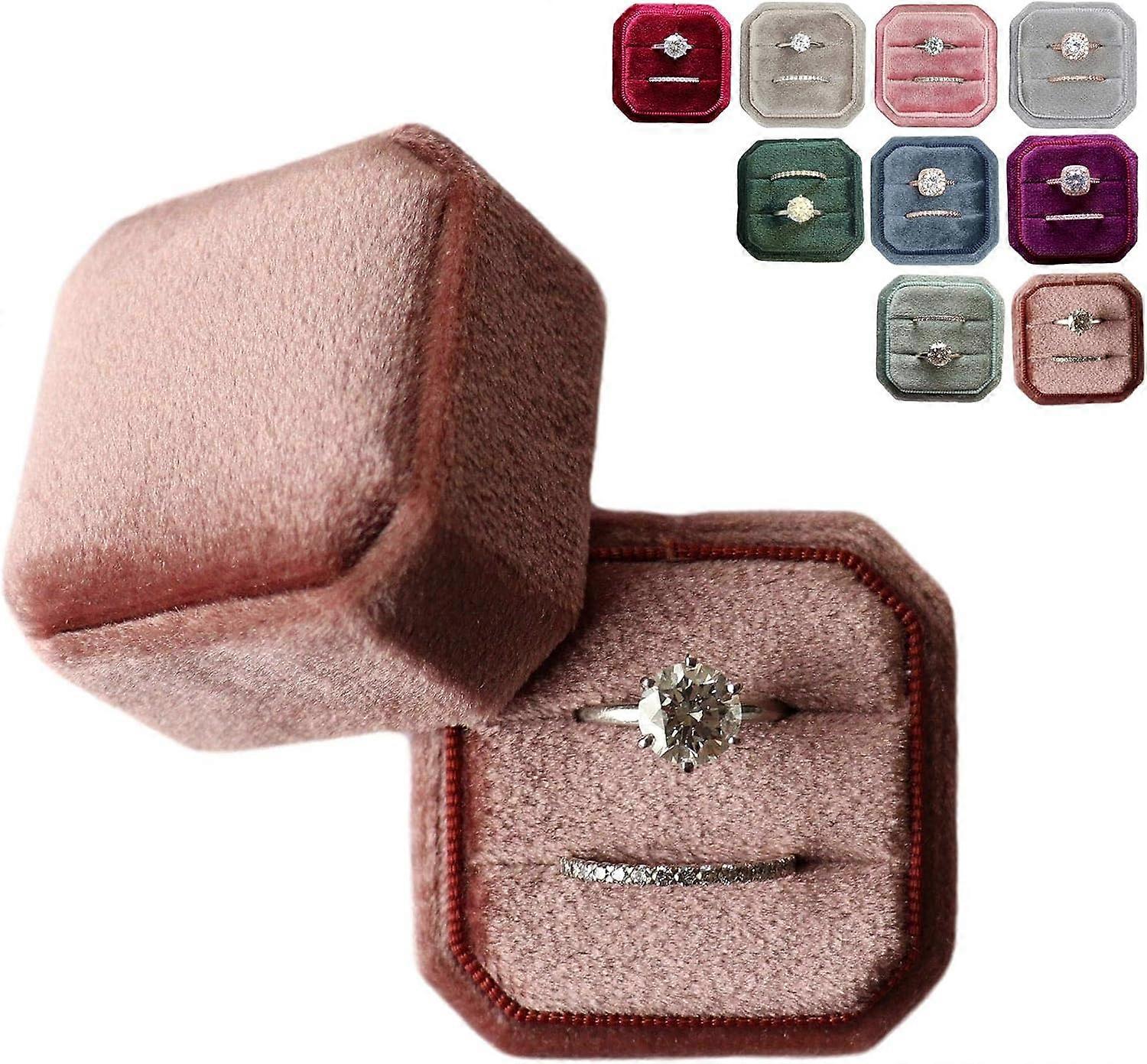 صندوق خاتم مخملي فتحة مزدوجة مستوحاة من الطراز القديم - مربع صندوق خاتم - مثالي لتصوير حفل زفاف العروس المخطوبة - هدية الزفاف للسيدة (سينامون روس