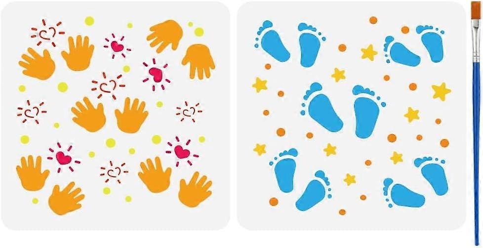 2 PCS Cartoon Handprint Footprints Painting Stencil 5.9x5.9inch Dots Handprint Painting Template with 1Pc Plastic Paint Brush for Painting on Wall Woo