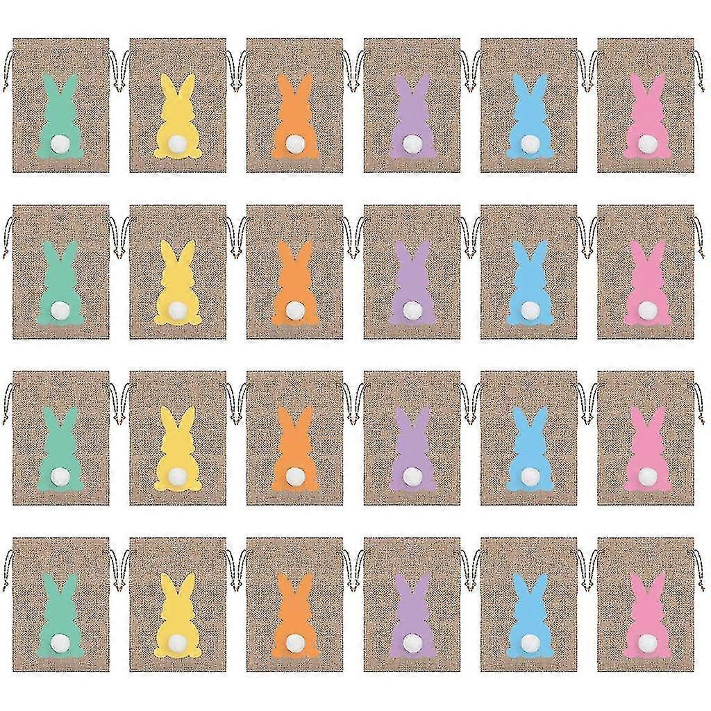 24pcs Easter Bunny Drawstring Gift Bags Line Cloth Candy Packaging Pouch