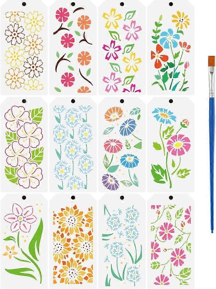 12 Pcs Morning Glory Flower Painting Template with Brush 9.4x4.7inch Dandelion Painting Template Chrysanthemum Painting Template for Painting on Wood